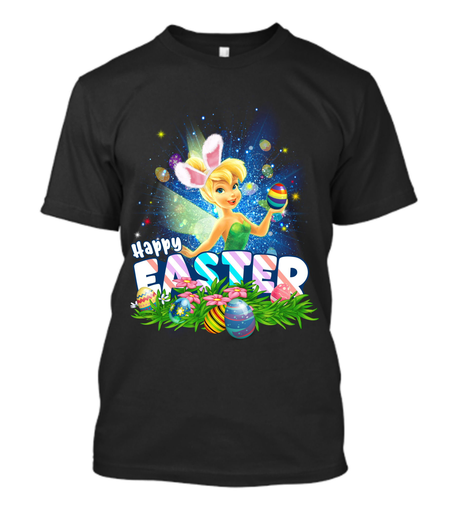 Happy Easter Tinkerbell With Bunny Ears And Colorful Eggs T-Shirt