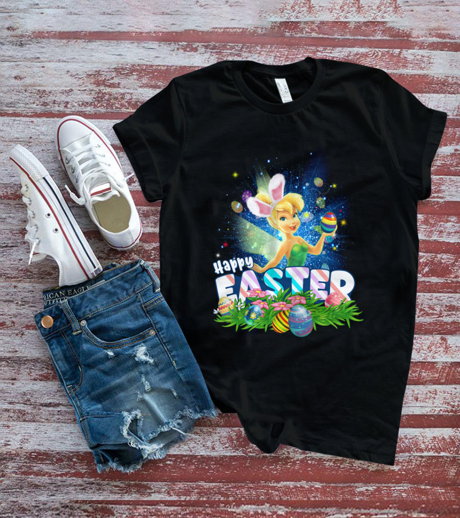 Happy Easter Tinkerbell With Bunny Ears And Colorful Eggs T-Shirt