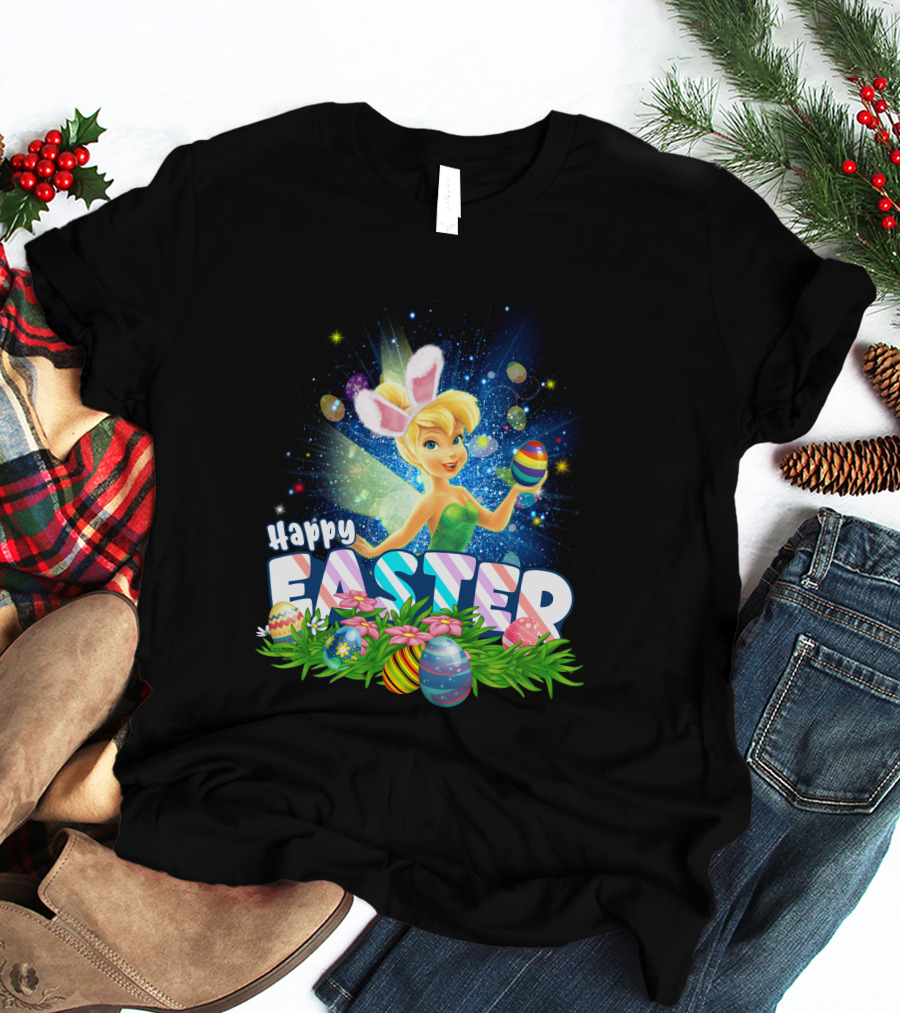 Happy Easter Tinkerbell With Bunny Ears And Colorful Eggs T-Shirt