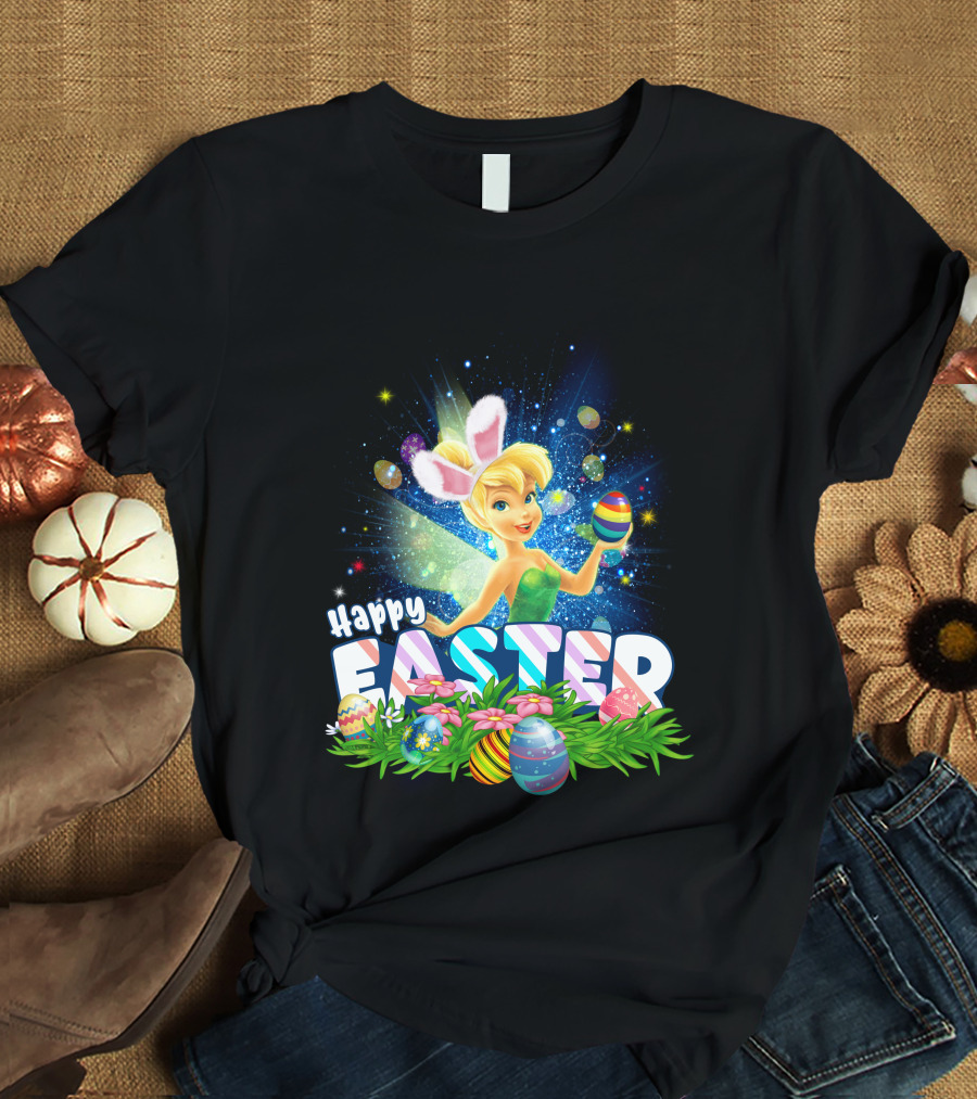 Happy Easter Tinkerbell With Bunny Ears And Colorful Eggs T-Shirt
