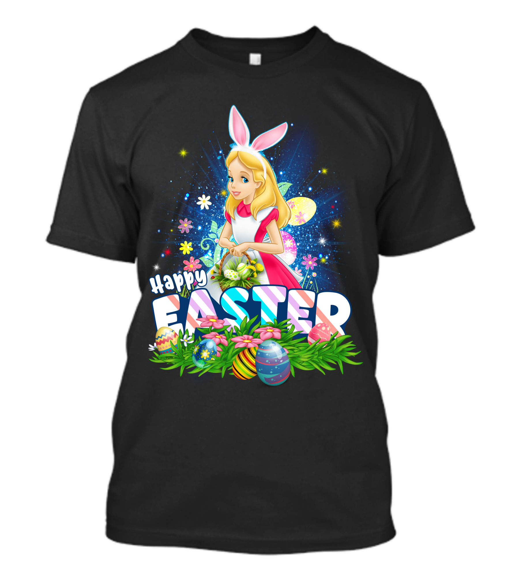 Alice Happy Easter Bunny Ears With Colorful Eggs And Flowers T-Shirt