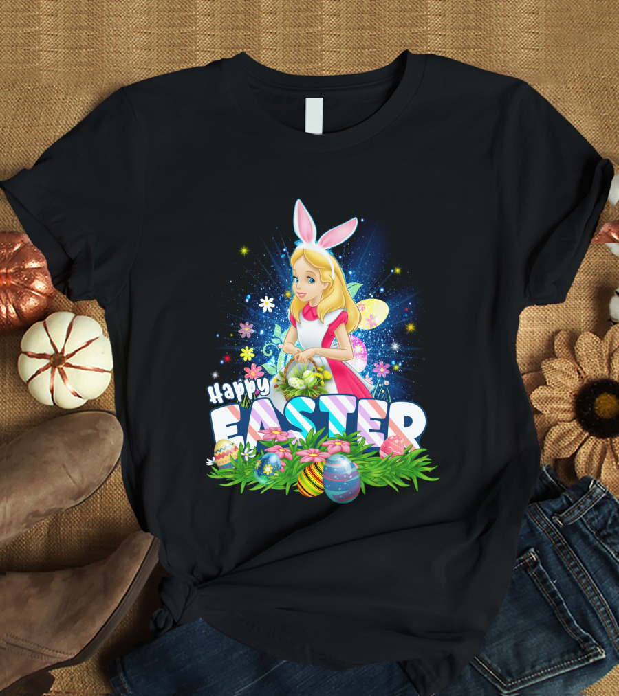 Alice Happy Easter Bunny Ears With Colorful Eggs And Flowers T-Shirt