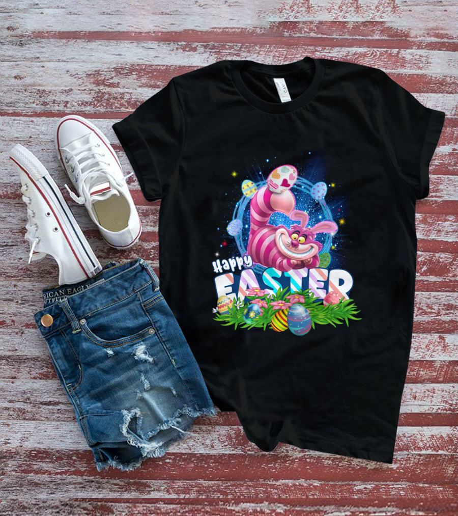 Cheshire Cat Happy Easter Eggs And Flowers T-Shirt