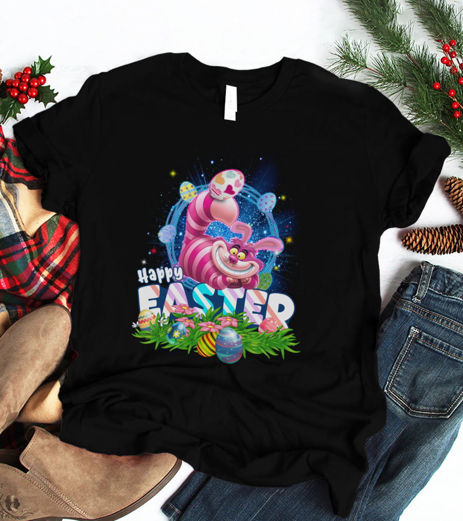 Cheshire Cat Happy Easter Eggs And Flowers T-Shirt