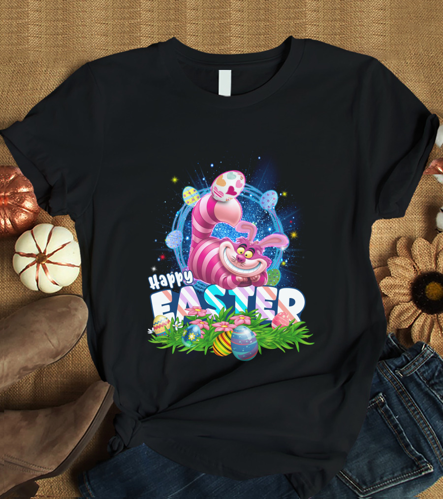 Cheshire Cat Happy Easter Eggs And Flowers T-Shirt