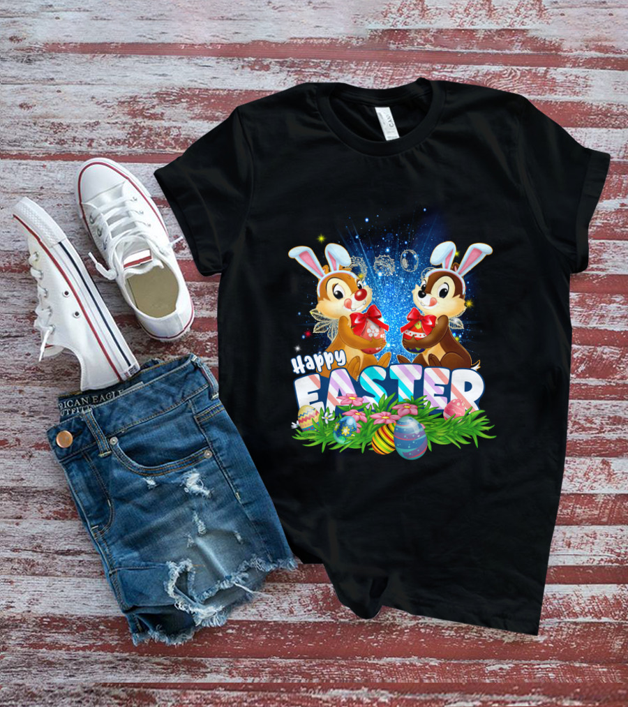 Chip Dale Happy Easter With Bunny Ears And Colorful Eggs T-Shirt