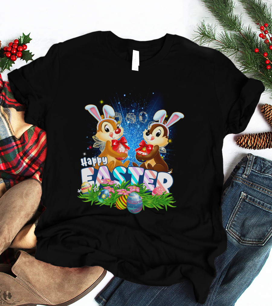 Chip Dale Happy Easter With Bunny Ears And Colorful Eggs T-Shirt