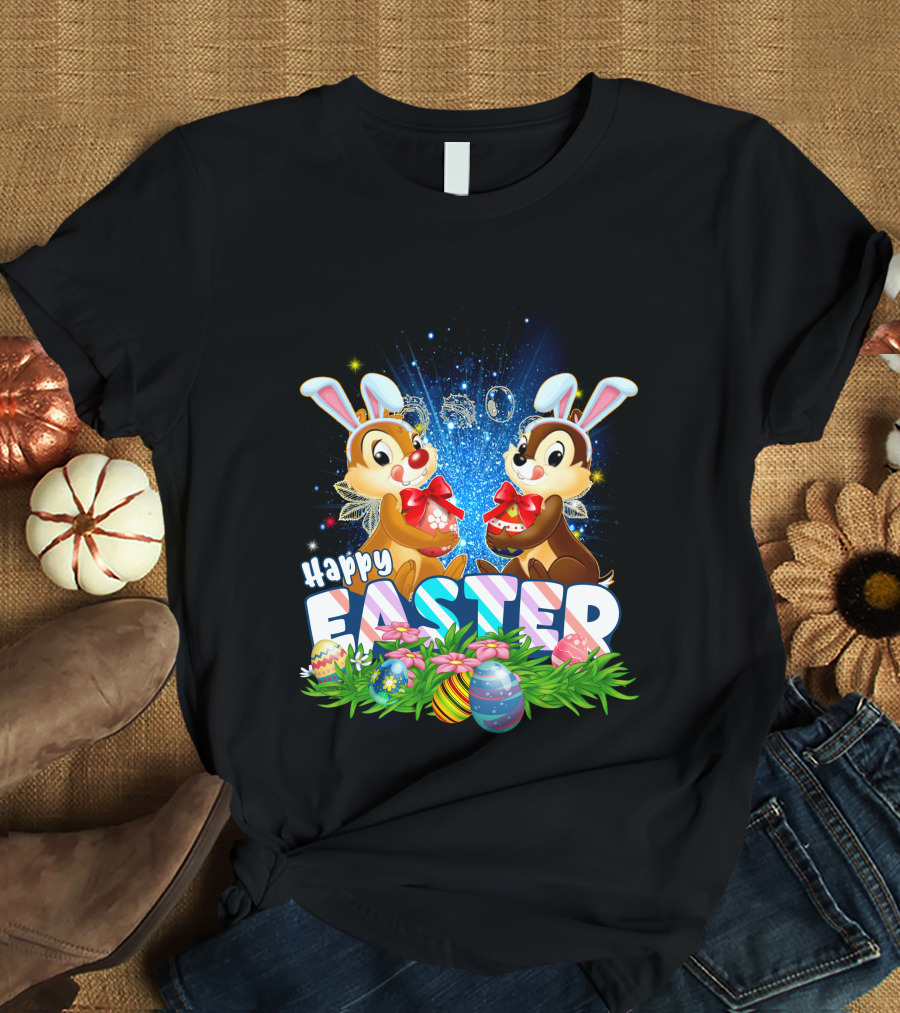 Chip Dale Happy Easter With Bunny Ears And Colorful Eggs T-Shirt