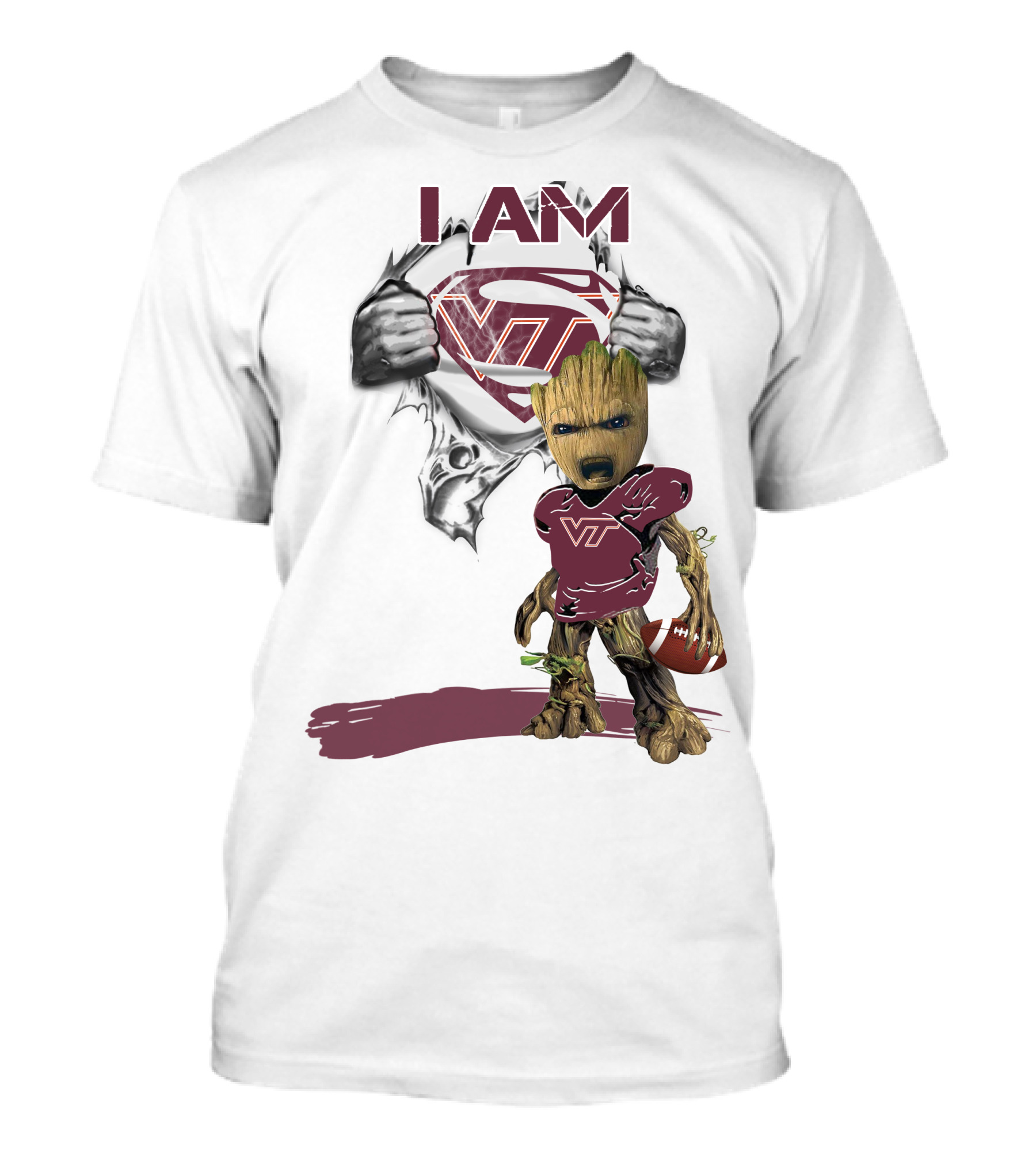 I AM Hokies VT Baby Groot Superman Football T-Shirt