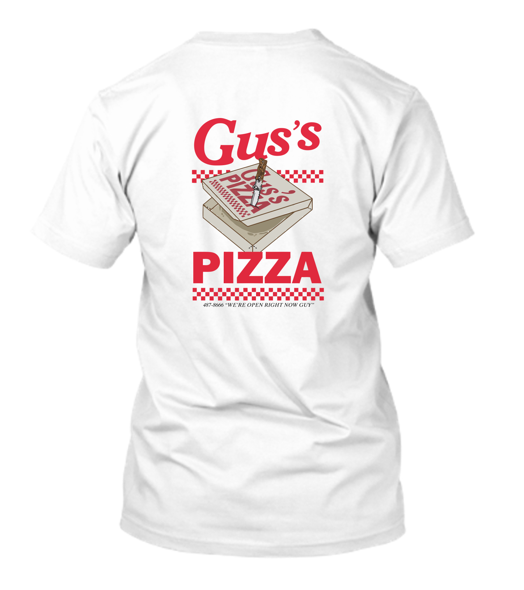 Gus's Pizza Box Knife 487-8666 We're Open Right Now Guy T-Shirt