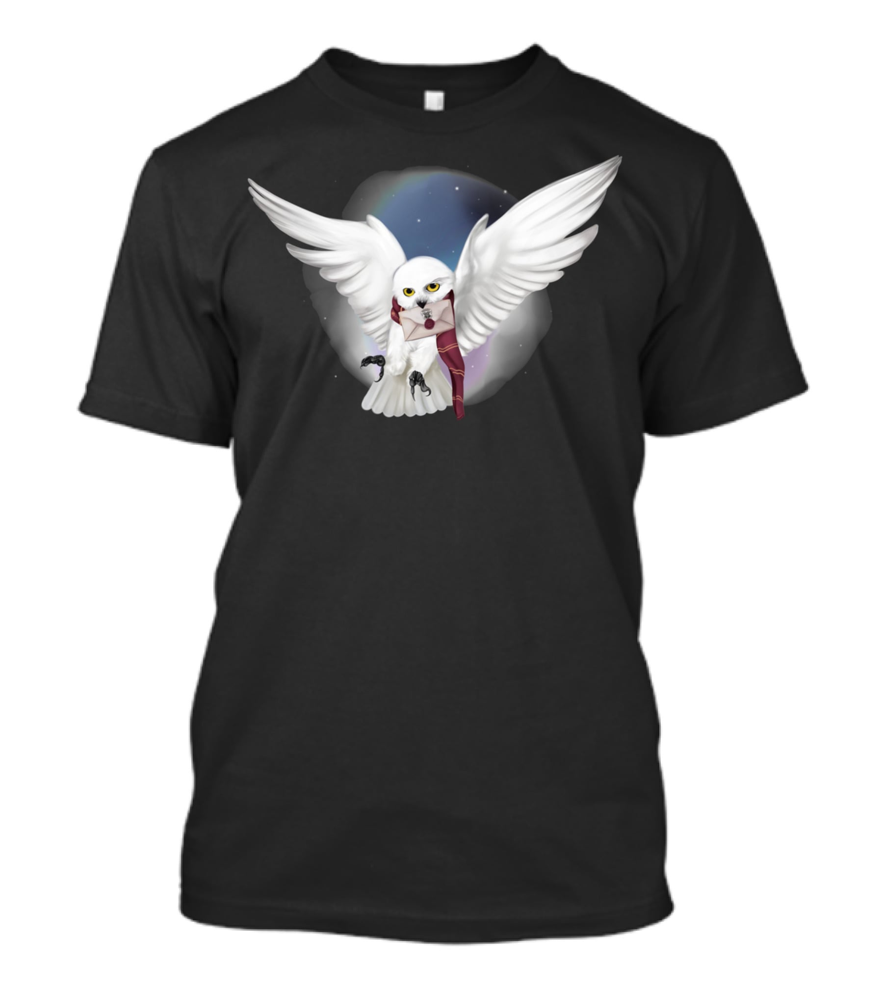 Snowy White Owl With Letter And Red Scarf In Starry Sky T-Shirt