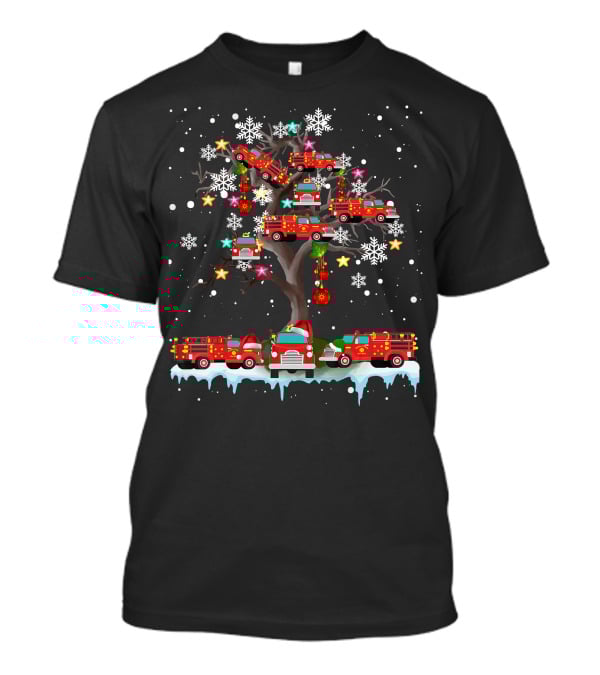 Christmas Fire Truck On Tree With Santa Firefighter Lover Snowflakes And Ornaments T-Shirt