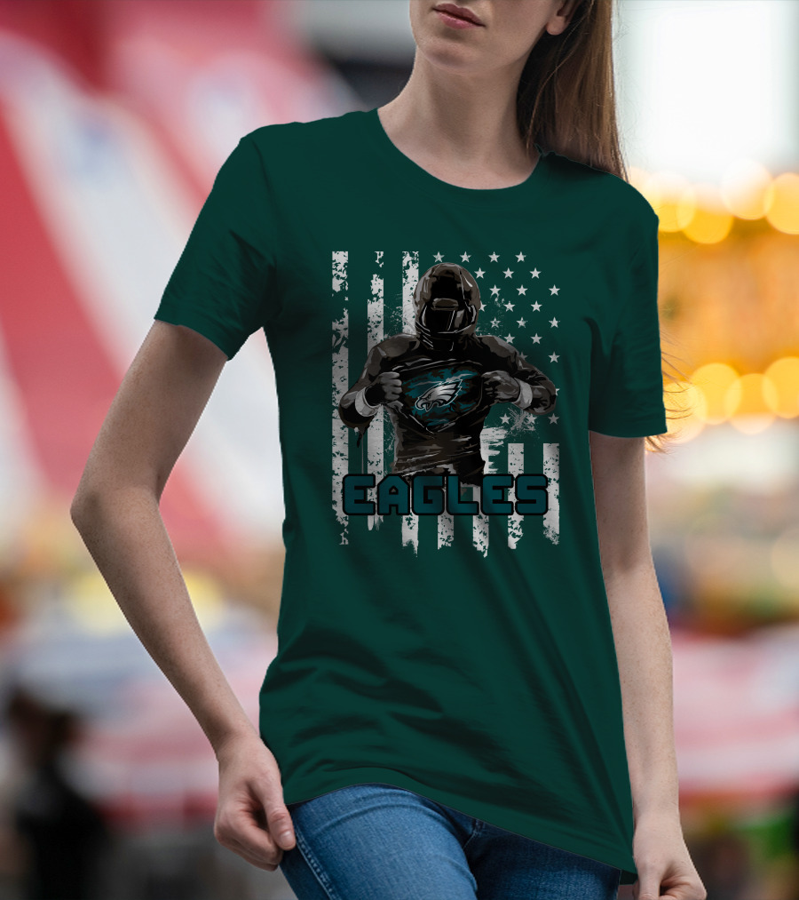 Philadelphia Eagles Football Hero With American Flag Background T-Shirt