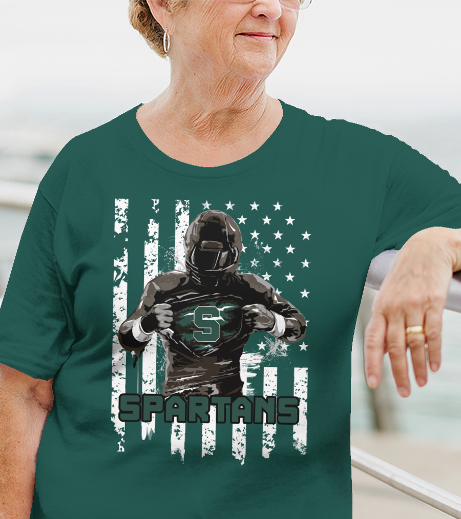Spartans Player With S Emblem And American Flag Background T-Shirt