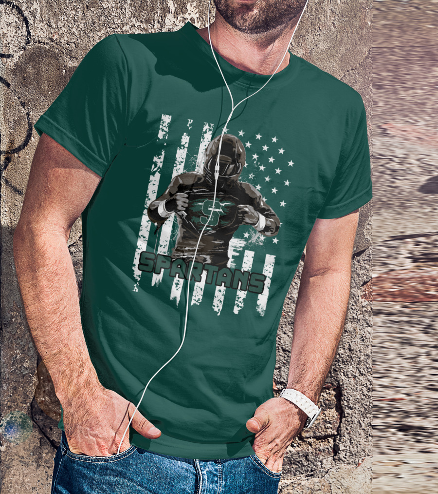 Spartans Player With S Emblem And American Flag Background T-Shirt