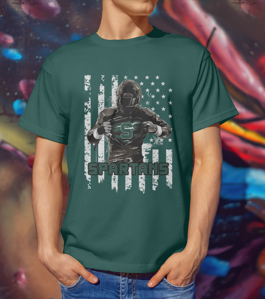 Spartans Player With S Emblem And American Flag Background T-Shirt