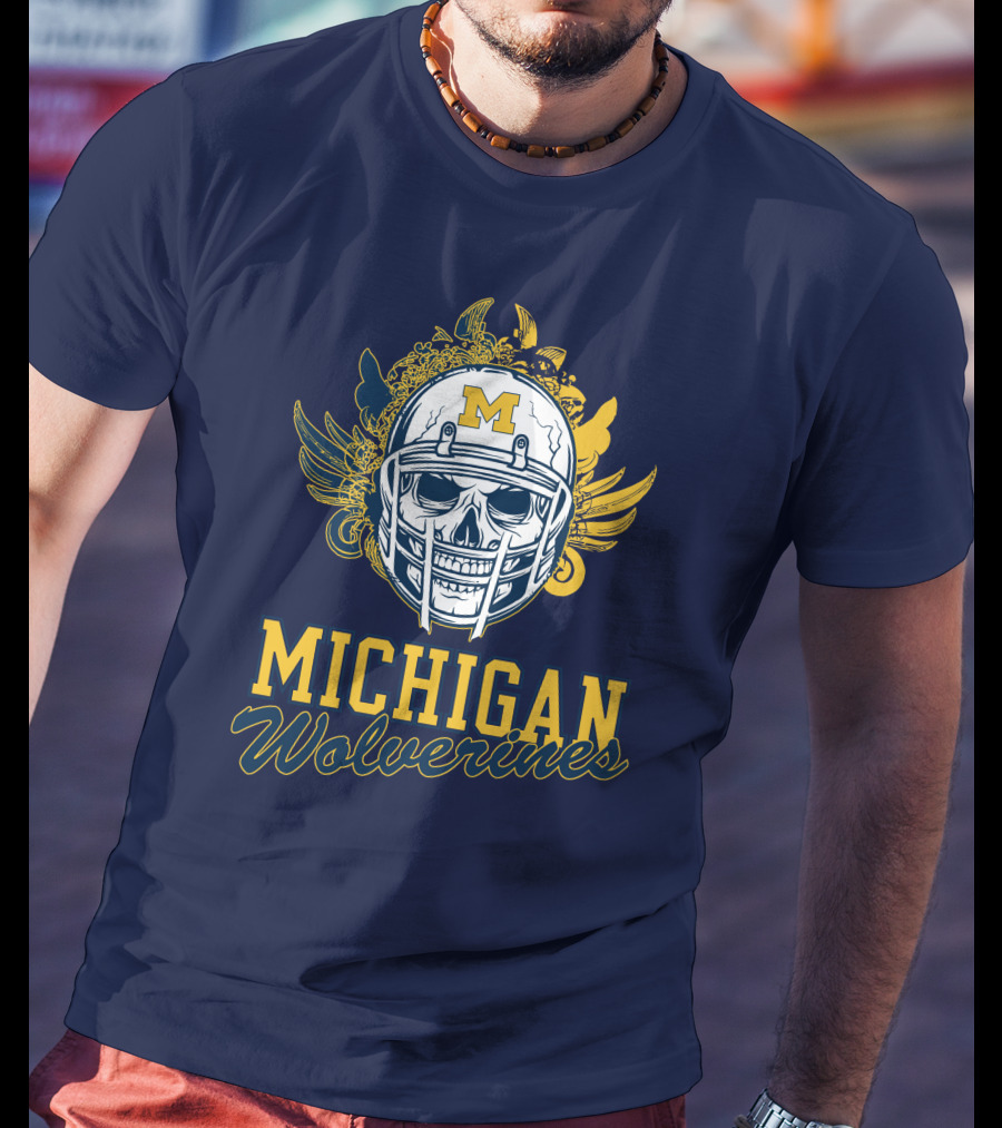 Michigan Wolverines Skull Helmet With Floral Wings T-Shirt