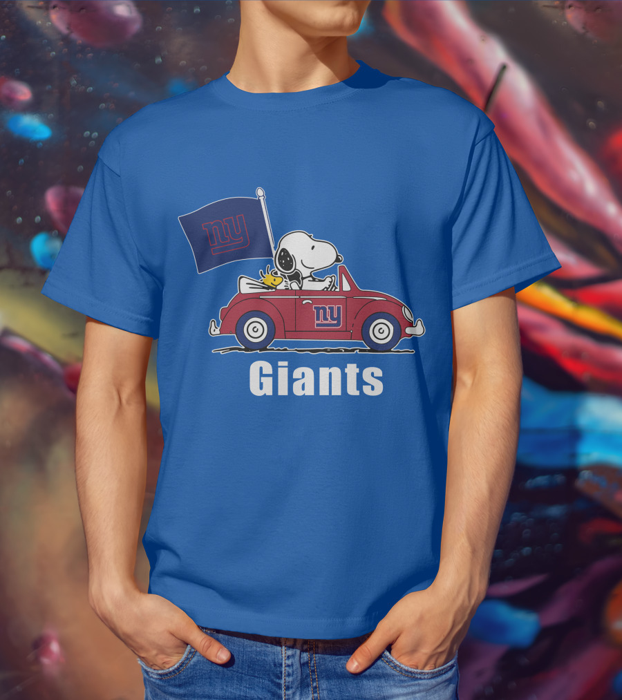 New York Giants Snoopy Driving With Woodstock And Flag T-Shirt