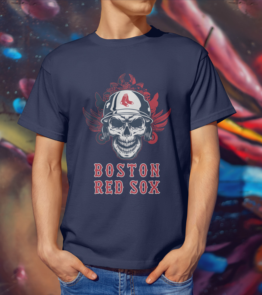 Boston Red Sox Skull With Baseball Helmet And Wings T-Shirt