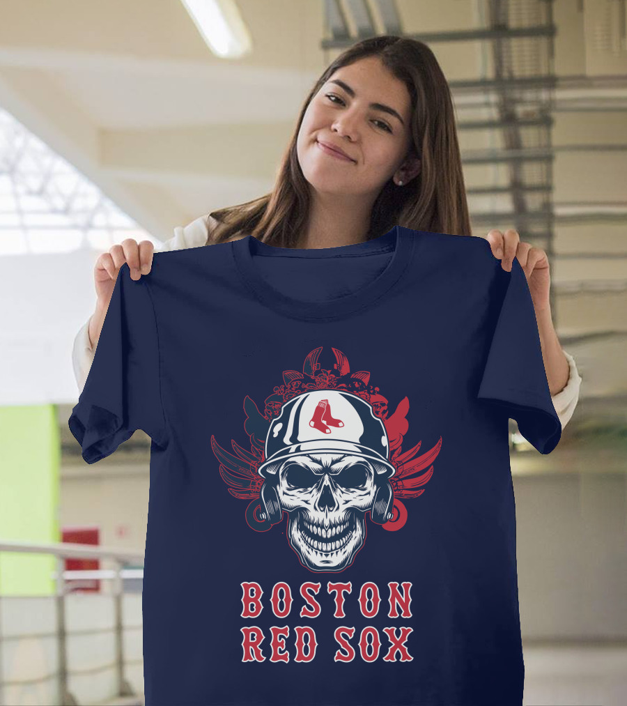 Boston Red Sox Skull With Baseball Helmet And Wings T-Shirt