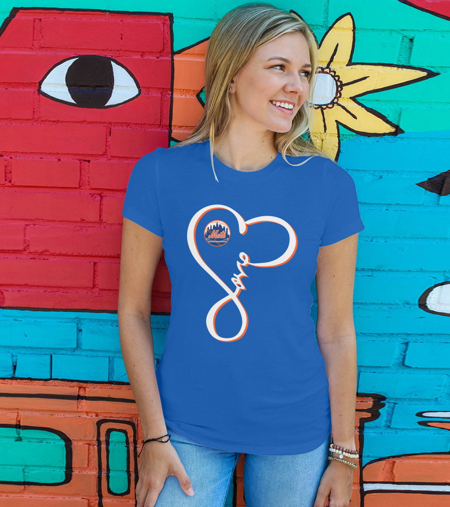 New York Mets Love Script With Heart Outline T-Shirt