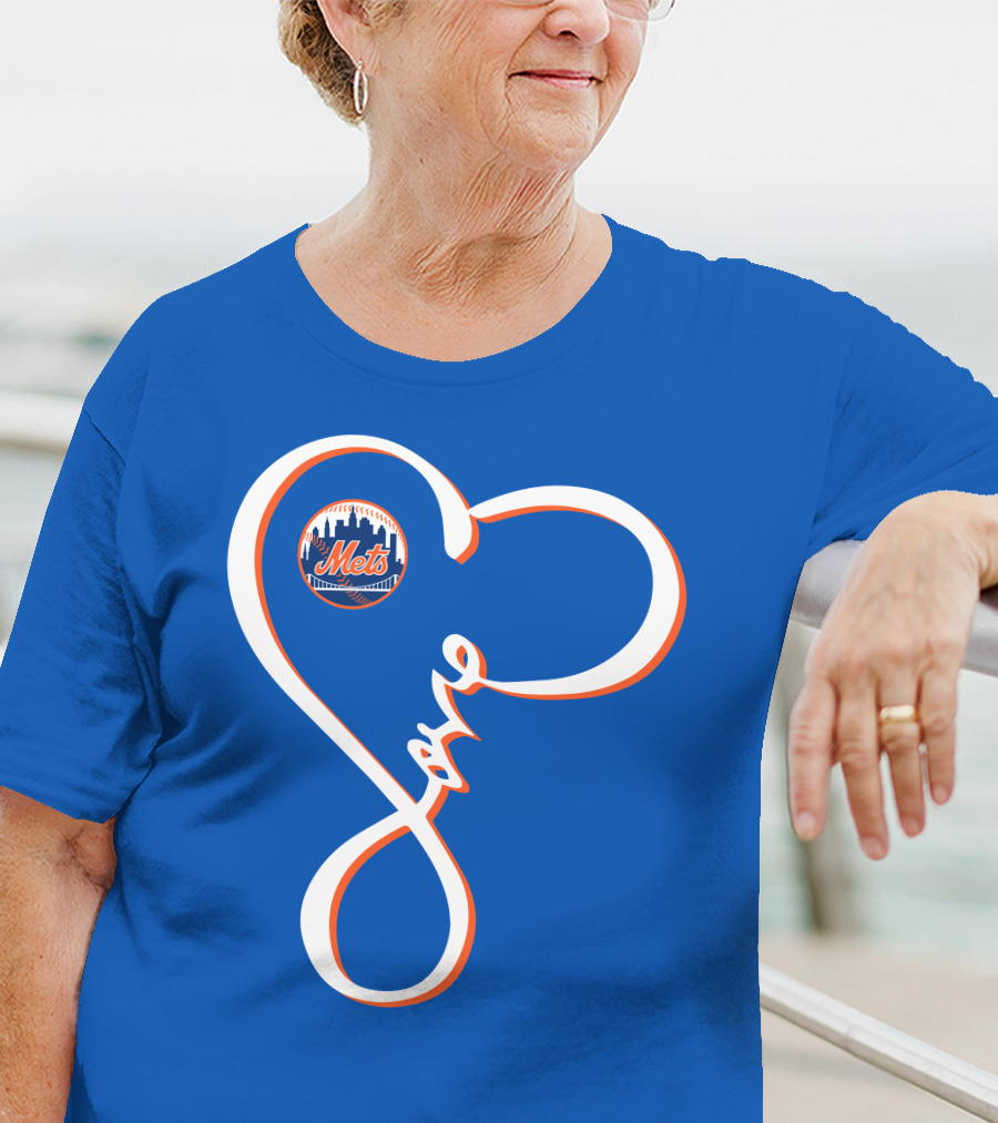 New York Mets Love Script With Heart Outline T-Shirt
