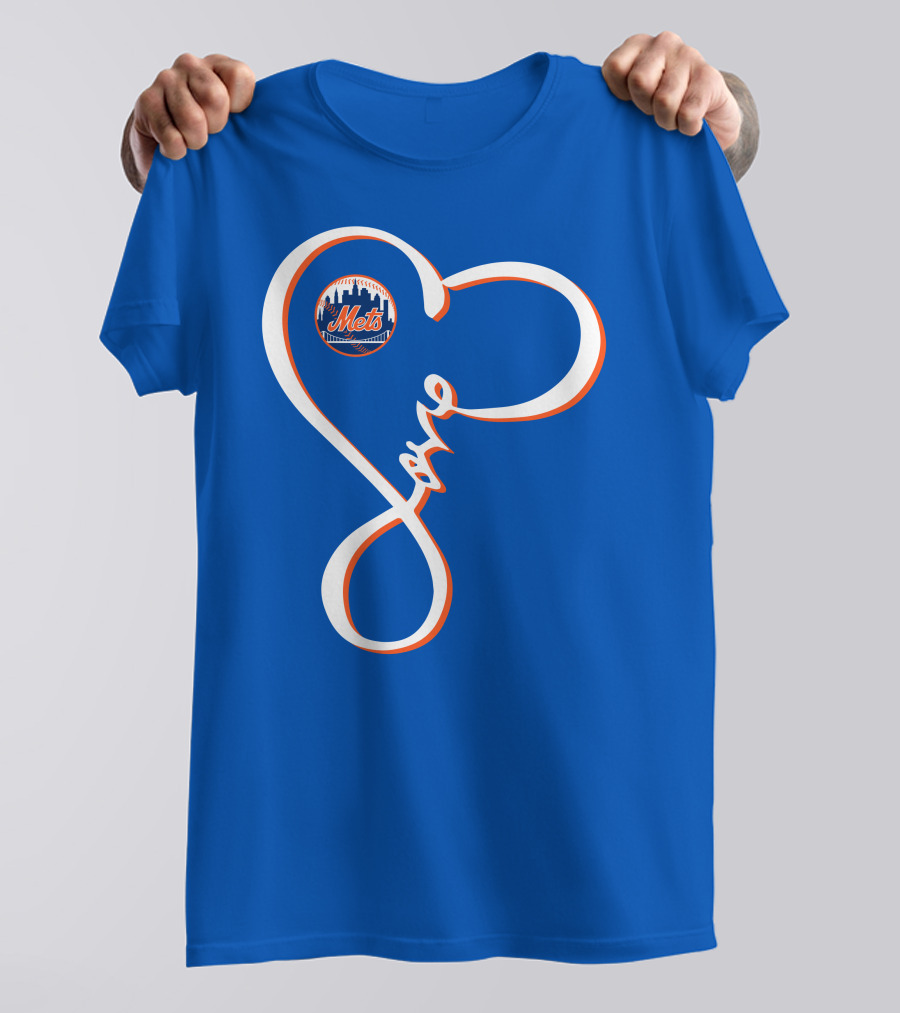 New York Mets Love Script With Heart Outline T-Shirt