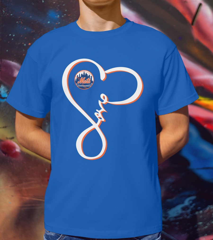 New York Mets Love Script With Heart Outline T-Shirt
