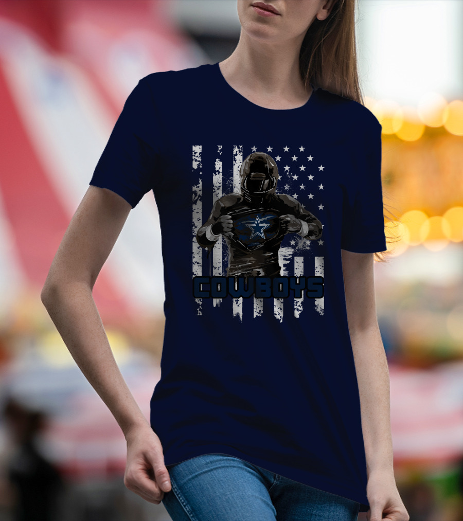 Cowboys Star Emblem On Player American Flag Background T-Shirt