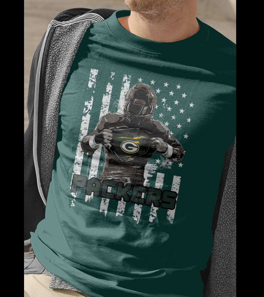Packers Player With Flag Background And Green Bay T-Shirt