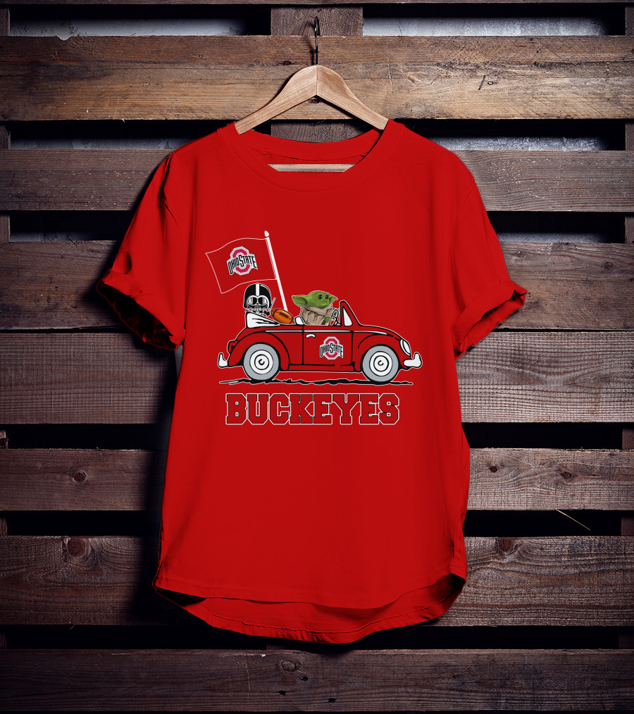 Ohio State Buckeyes Darth Vader Baby Yoda Driving Star Wars Car With Flag T-Shirt
