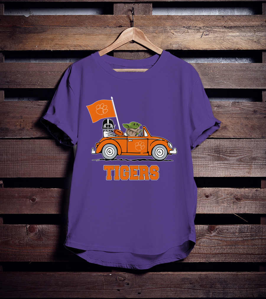 Clemson Tigers Darth Vader Baby Yoda Driving Star Wars Football Car T-Shirt