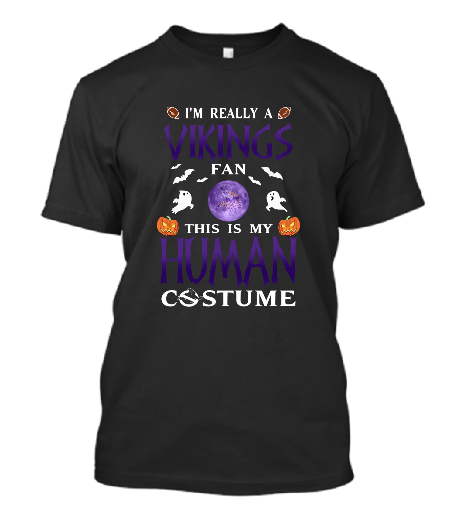 I'm Really A Vikings Fan This Is My Human Costume Halloween Football Pumpkins Ghosts Bats Moon T-Shirt