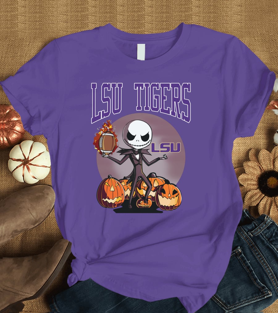 LSU Tigers Jack Skellington Halloween Football Pumpkins T-Shirt