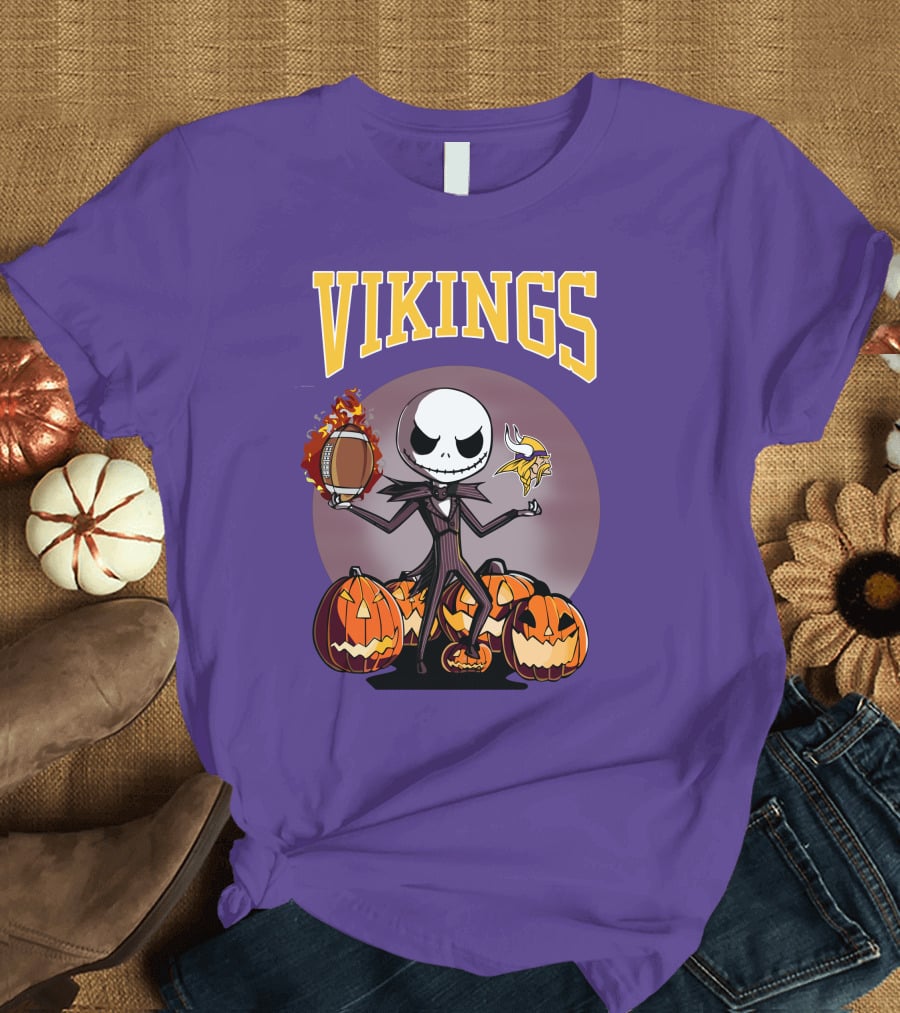 Vikings Jack Skellington Halloween Football Pumpkins T-Shirt