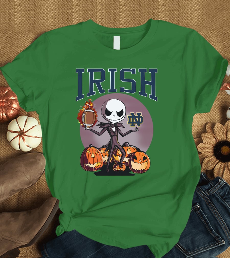 Irish Notre Dame Jack Skellington Halloween Football Pumpkins T-Shirt