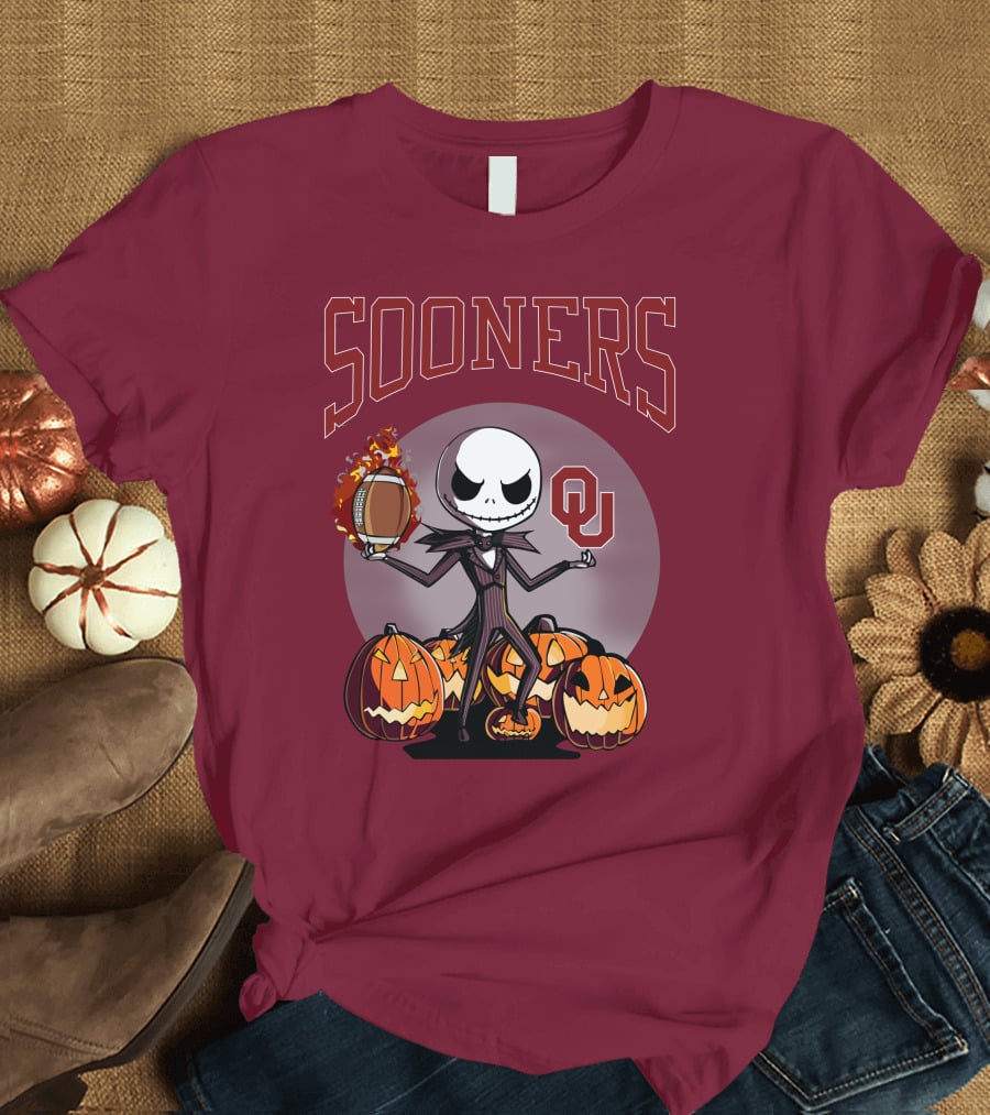 Sooners Halloween Jack Skellington OU Football Pumpkins T-Shirt