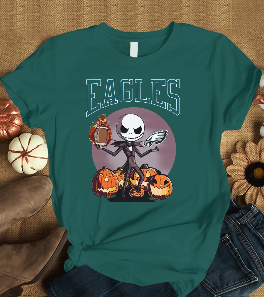 Philadelphia Eagles Jack Skellington Halloween Football Pumpkins T-Shirt