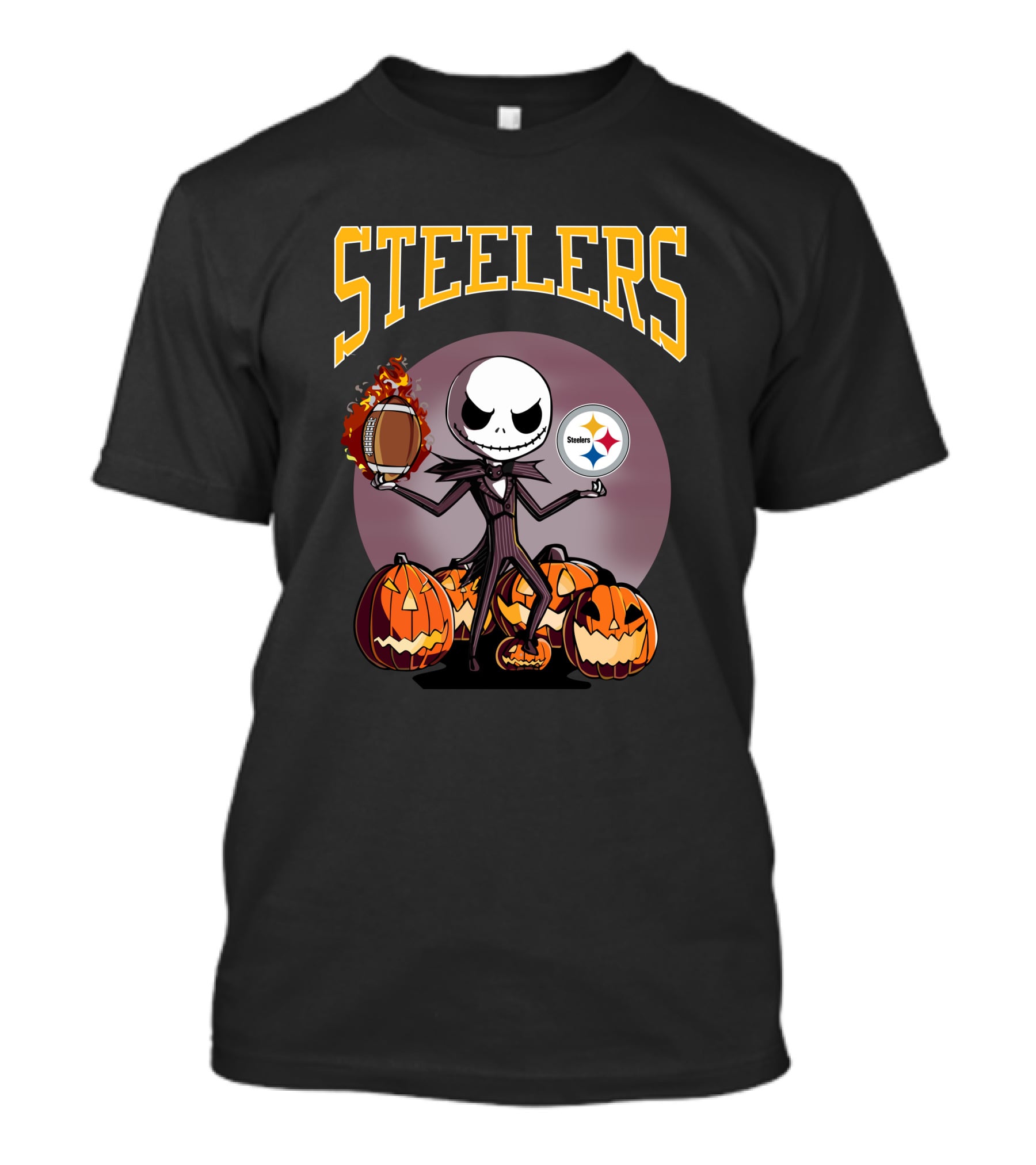 Steelers Jack Skellington Holding Football With Pumpkins And Pittsburgh Steelers T-Shirt