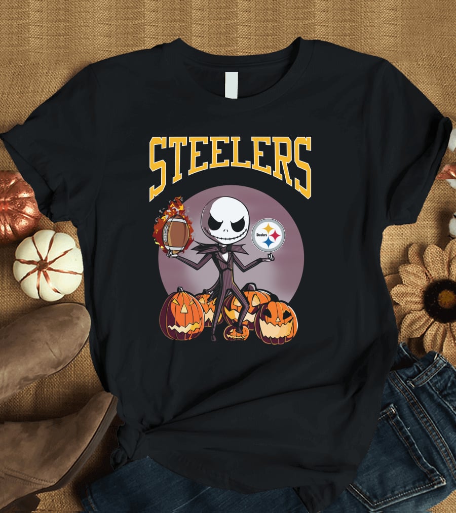 Steelers Jack Skellington Holding Football With Pumpkins And Pittsburgh Steelers T-Shirt
