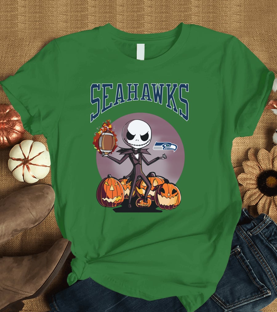 Seattle Seahawks Jack Skellington Halloween NFL Football Pumpkins T-Shirt