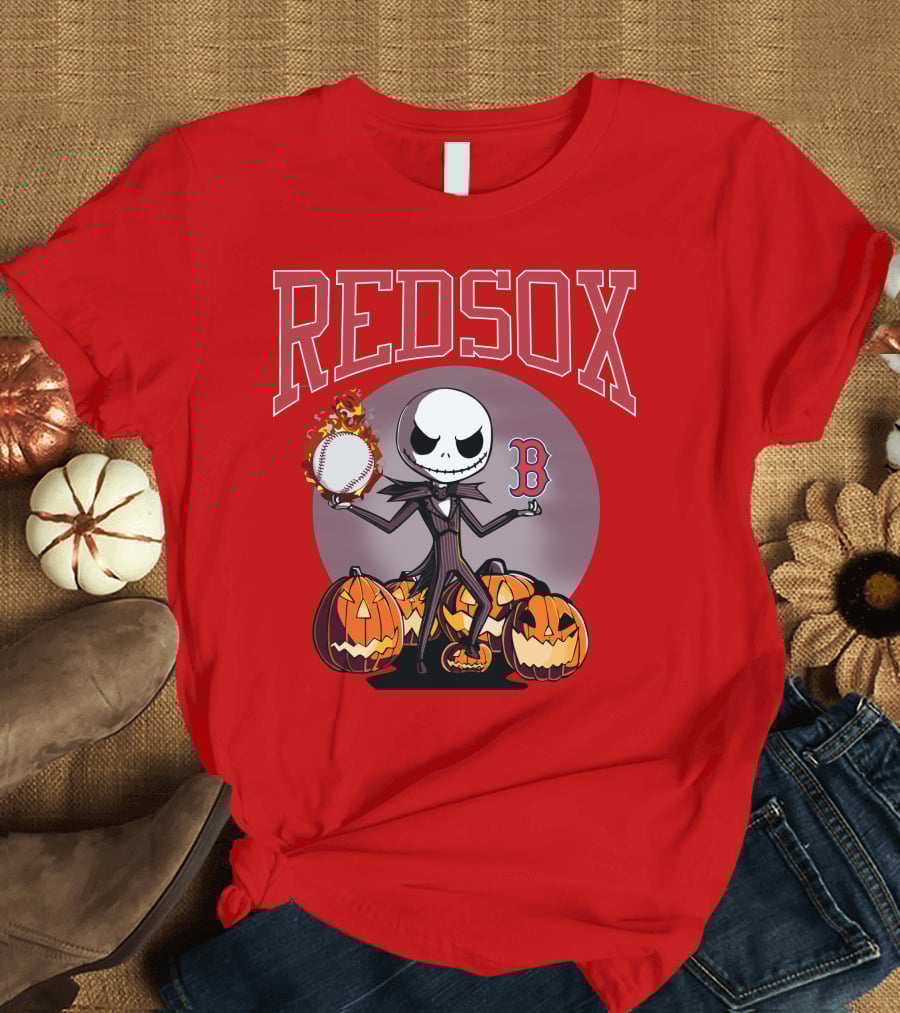 Red Sox Jack Skellington Halloween Pumpkins Baseball T-Shirt