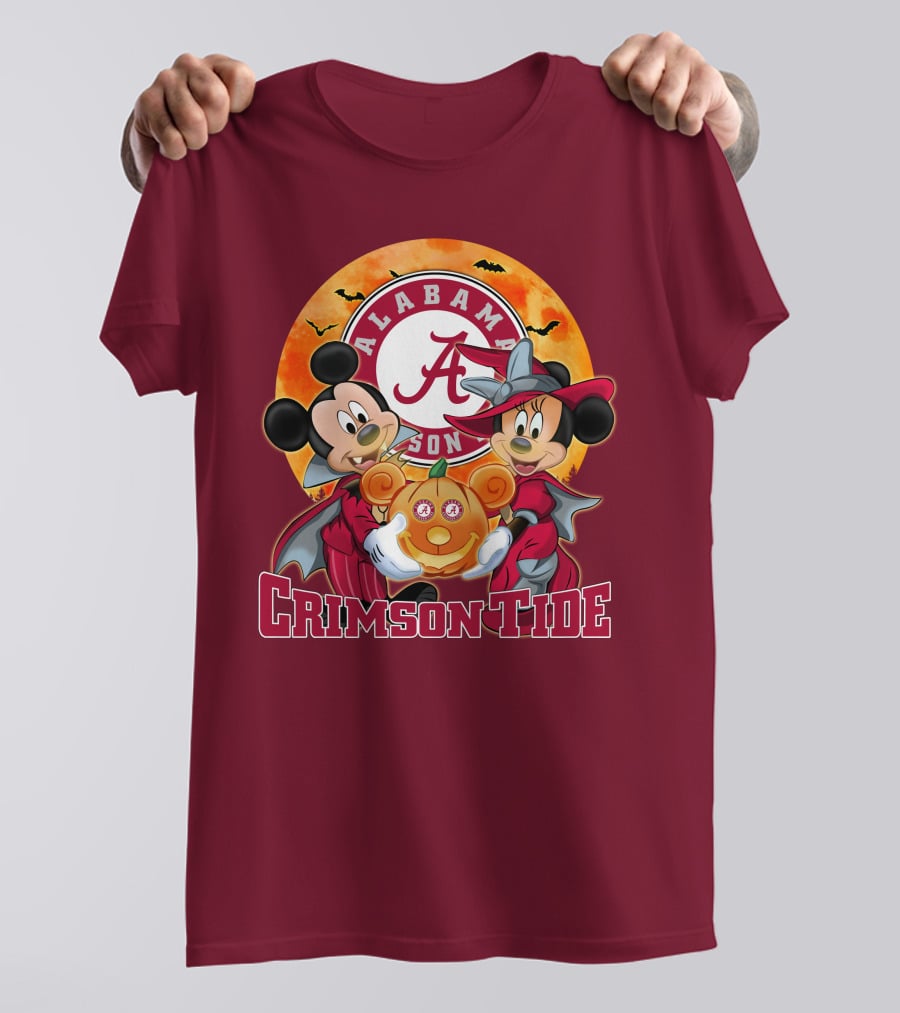 Alabama Crimson Tide Mickey Mouse Minnie Mouse Halloween Pumpkin Circle T-Shirt