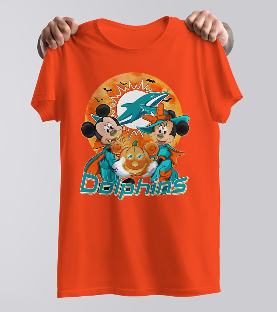 Miami Dolphins Mickey Minnie Halloween Pumpkin Bats T-Shirt
