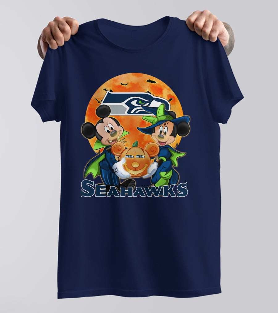 Seattle Seahawks Mickey Mouse And Minnie Mouse Halloween Pumpkin T-Shirt