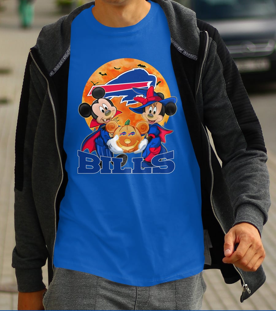 Buffalo Bills Halloween Mickey Mouse And Minnie Mouse Pumpkin T-Shirt