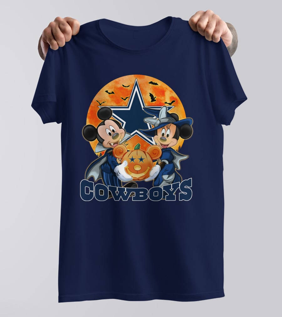 Cowboys Halloween Mickey Mouse And Minnie Mouse With Pumpkin Dallas T-Shirt