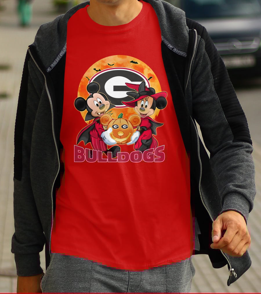 Georgia Bulldogs Mickey And Minnie Mouse Halloween Pumpkin T-Shirt
