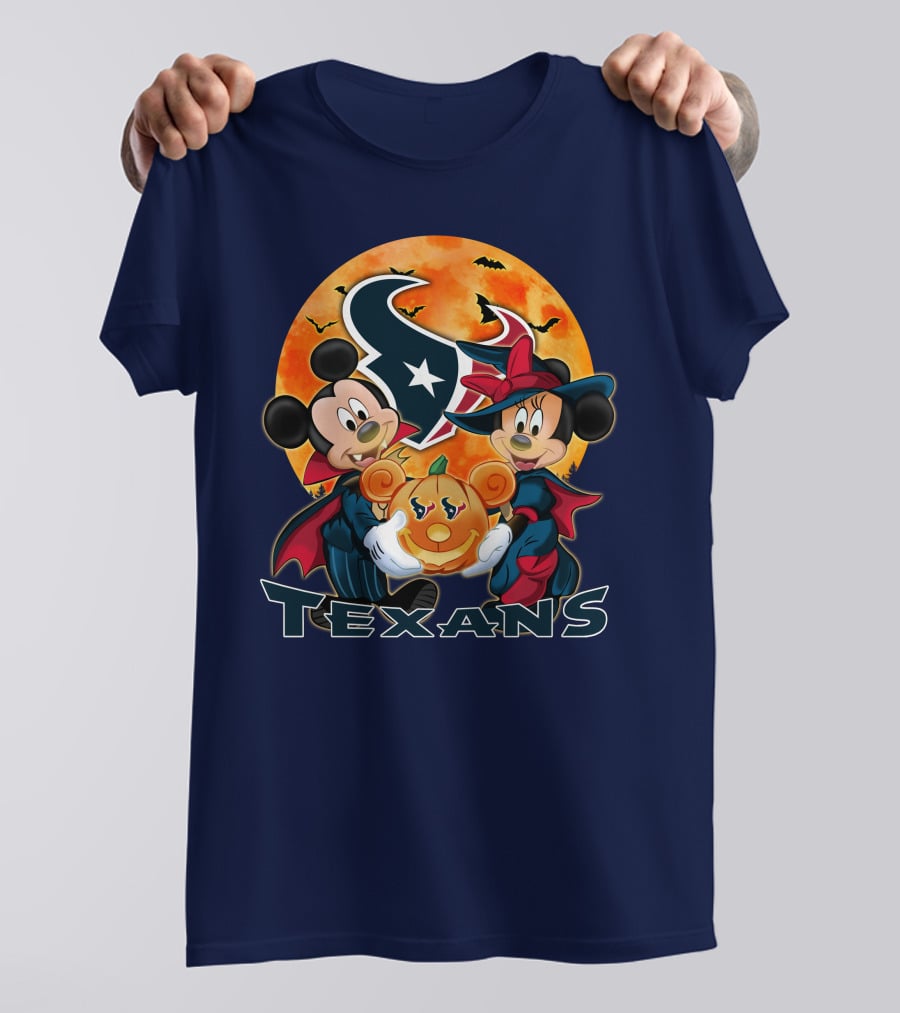 Houston Texans Mickey Mouse And Minnie Mouse Halloween Pumpkin Moon Bats T-Shirt