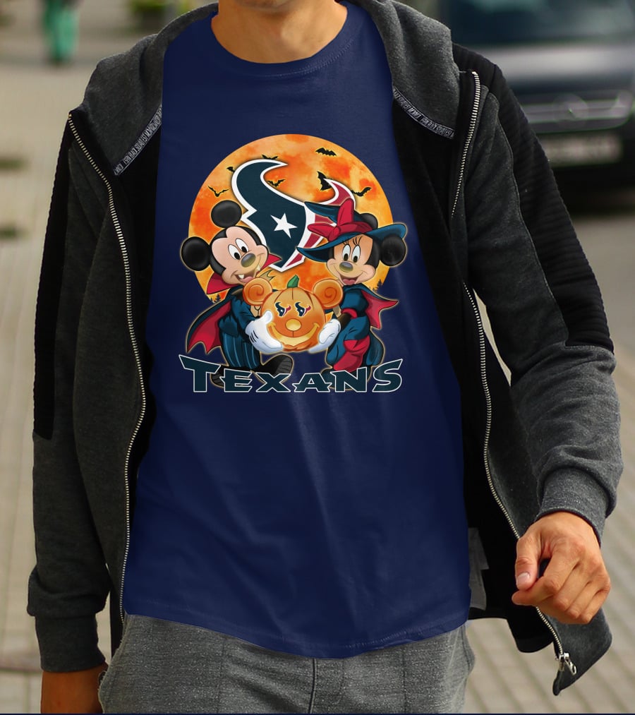Houston Texans Mickey Mouse And Minnie Mouse Halloween Pumpkin Moon Bats T-Shirt